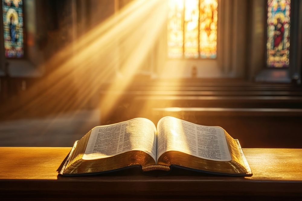 An open Bible illuminated by warm light inside a church